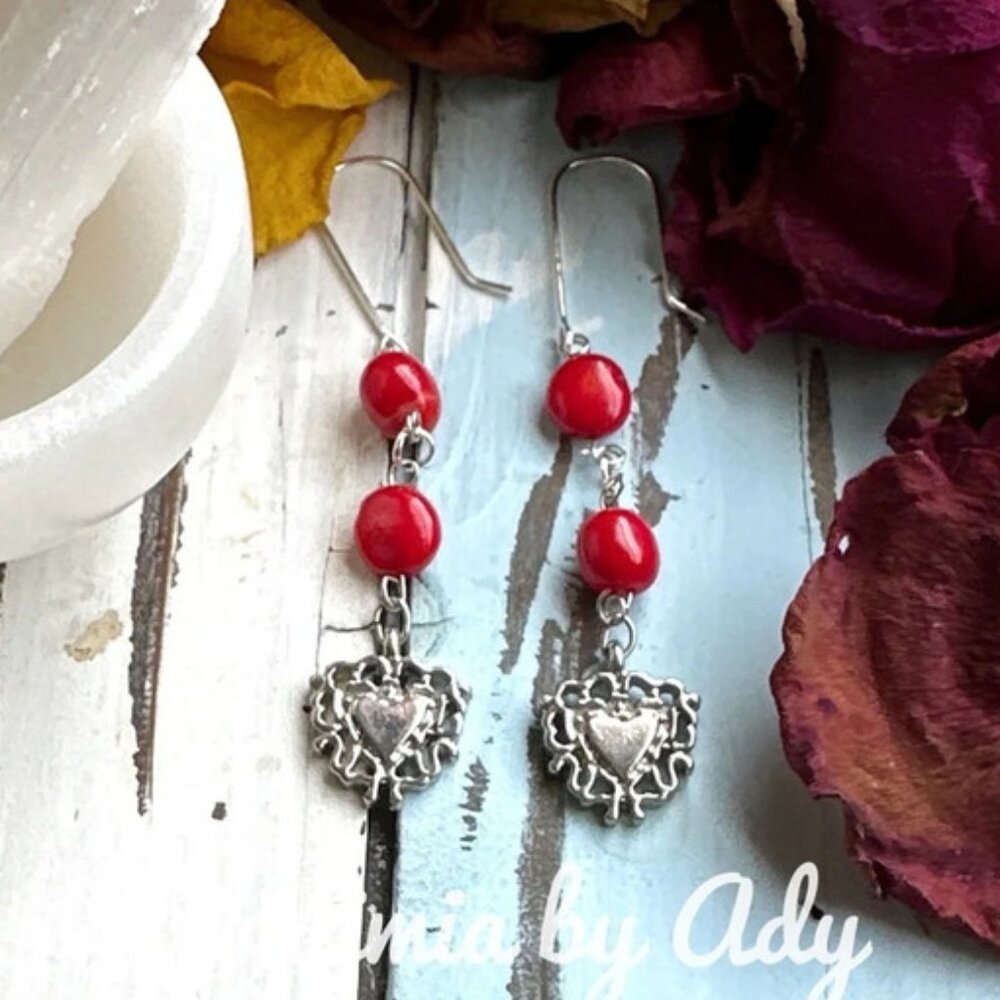 BOHO BEADED + Coral dangle western style earrings - Picture 1 of 1